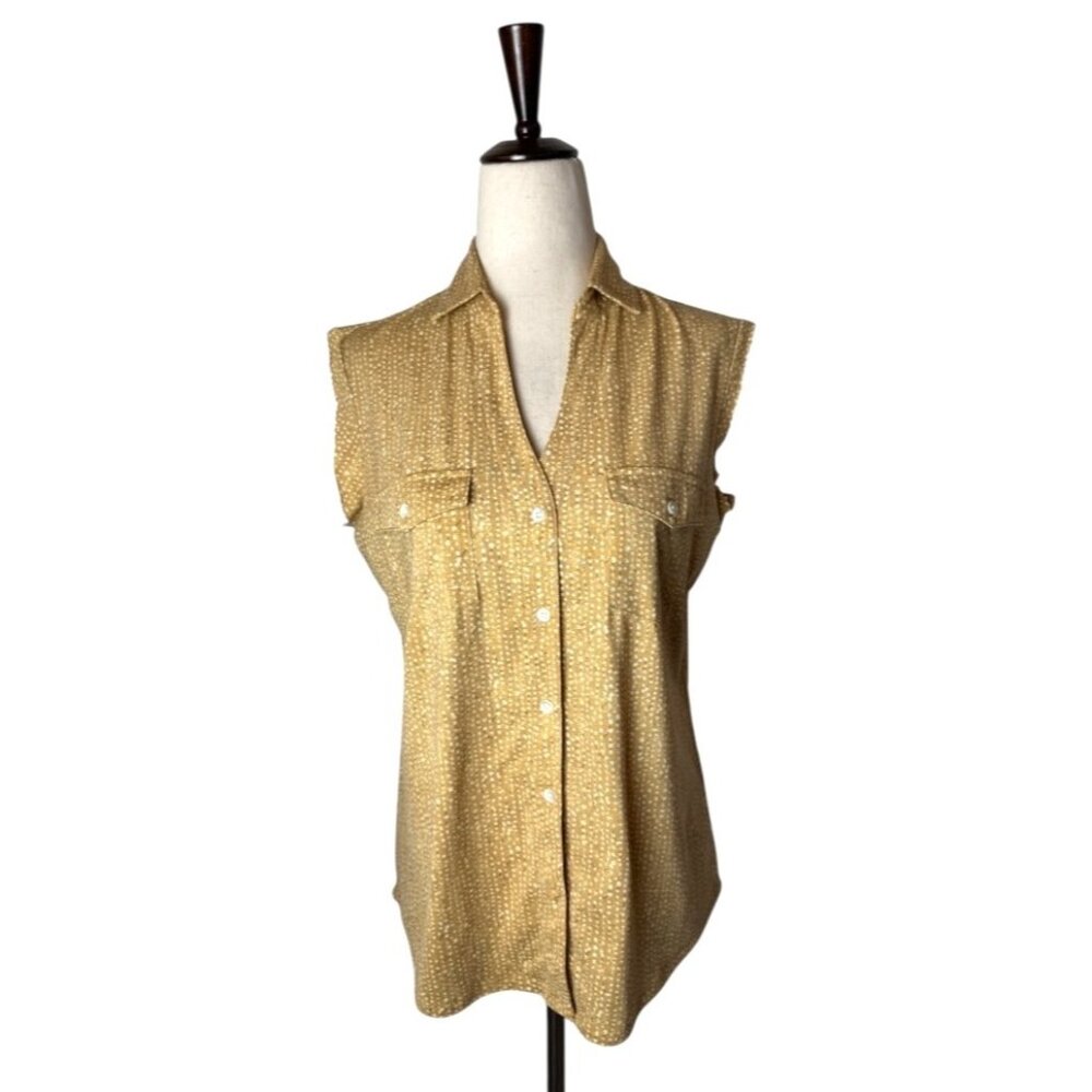 J Mclaughlin Shirt Women Small Tan White Dotted Collard Button Down Preppy